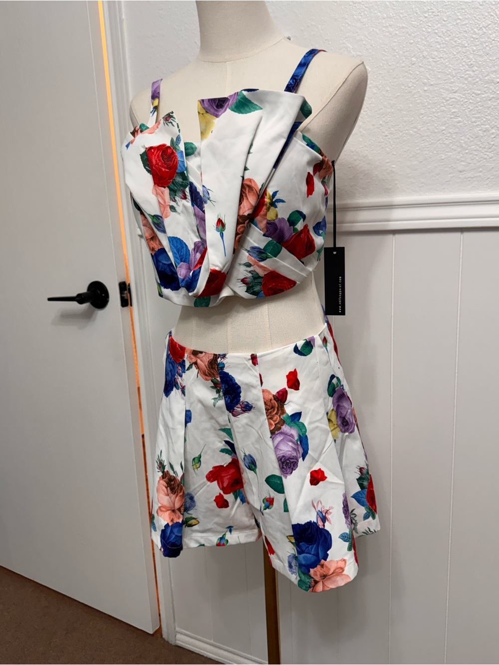 White Floral Two-Piece Crop Top and Skirt Set